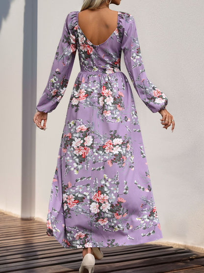 Perfee Slit Printed Surplice Long Sleeve Maxi Dress