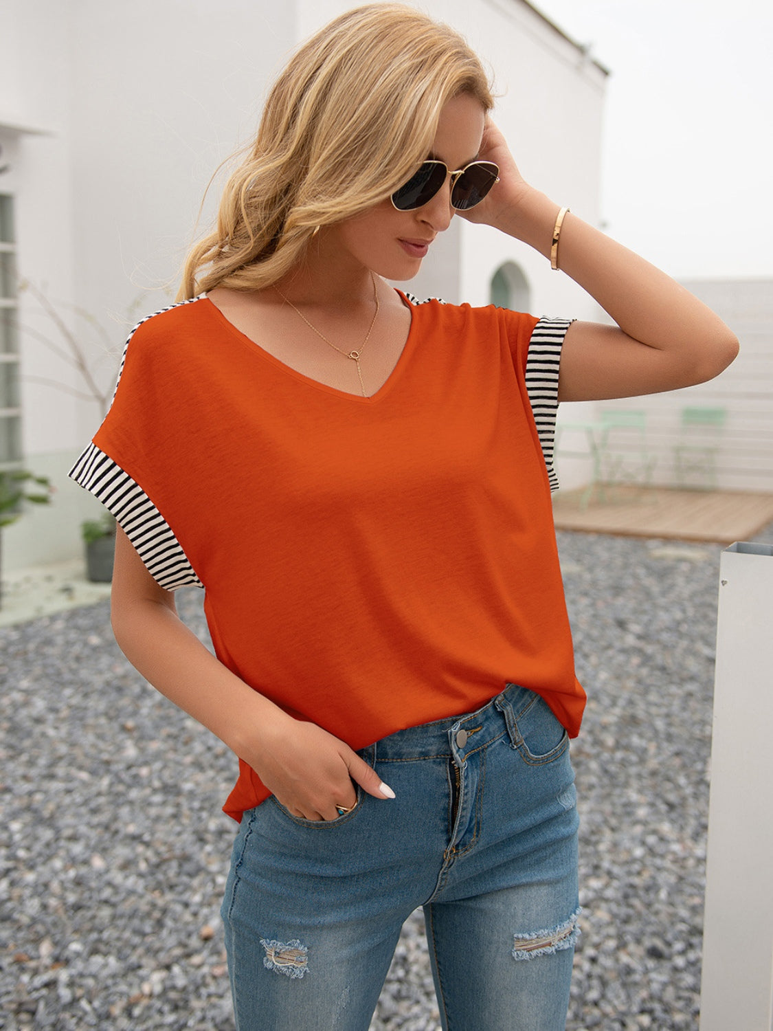 Ivy Lane Striped V-Neck Short Sleeve T-Shirt