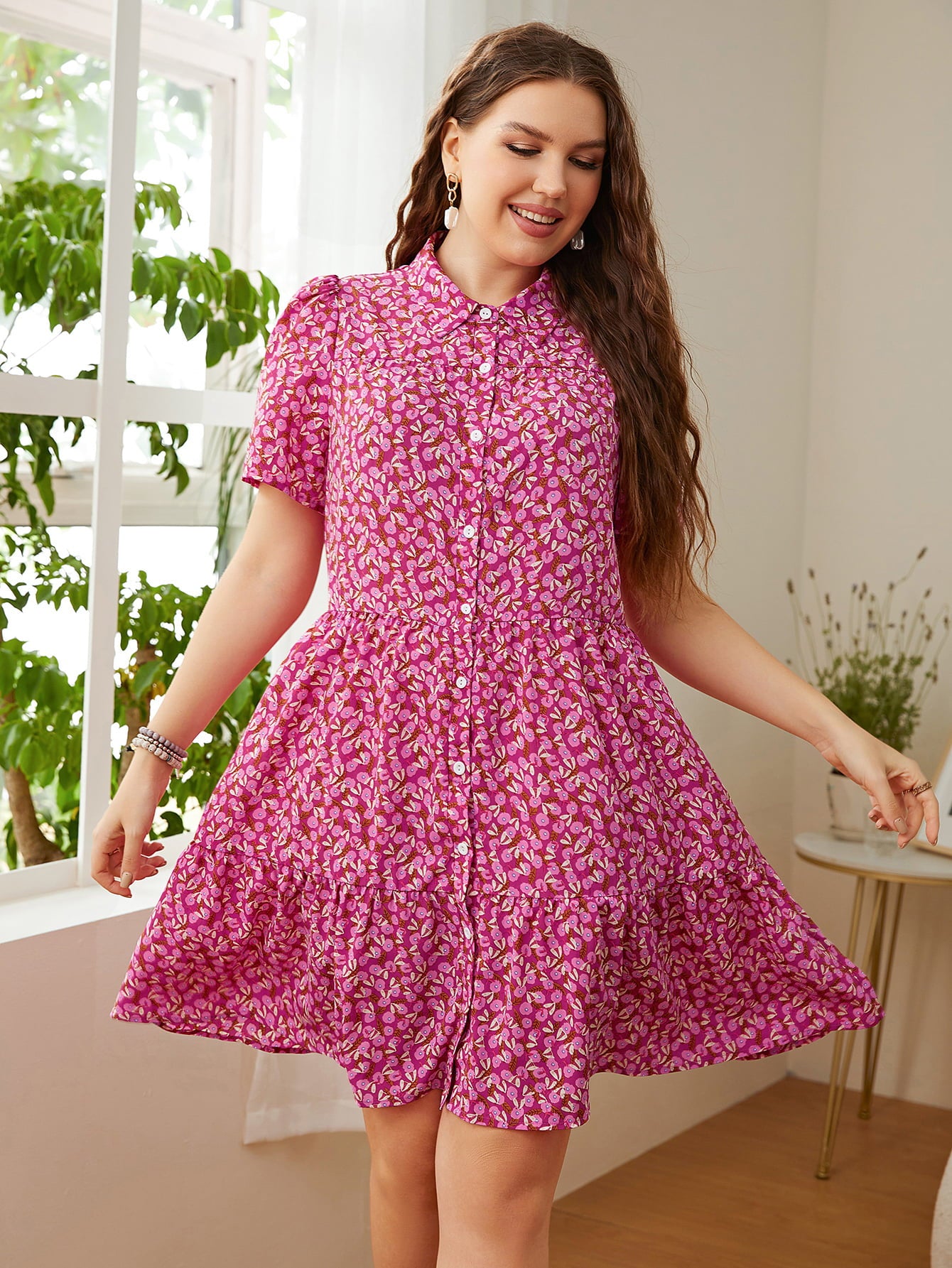 Honey Plus Size Printed Short Sleeve Collared Dress