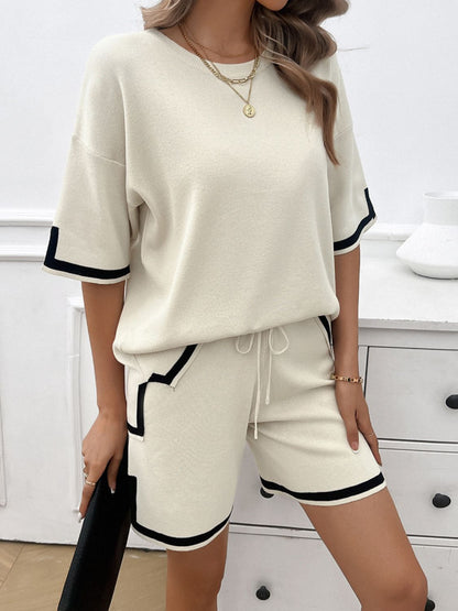 Devine Contrast Trim Round Neck Top and Shorts Set