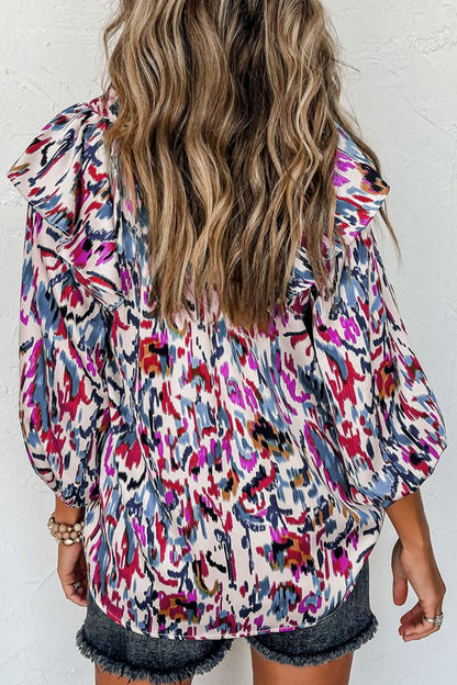 Printed Nochted Neck Ruffled Blouse