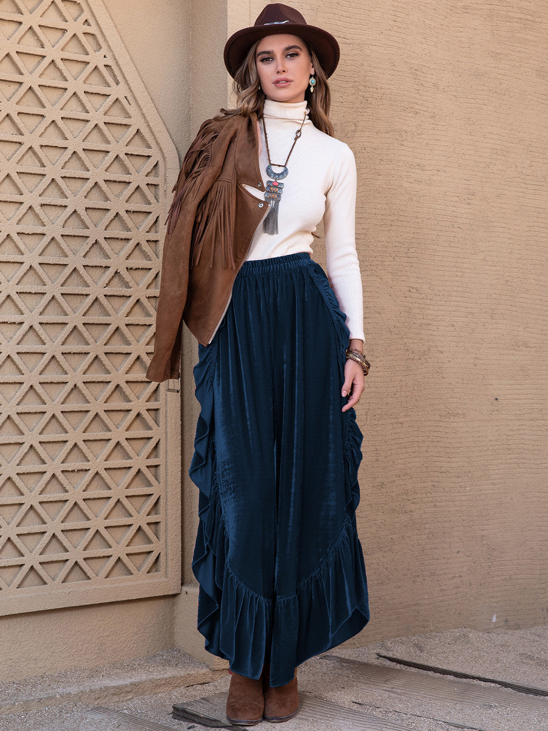 Slit Ruffled Wide Leg Pants