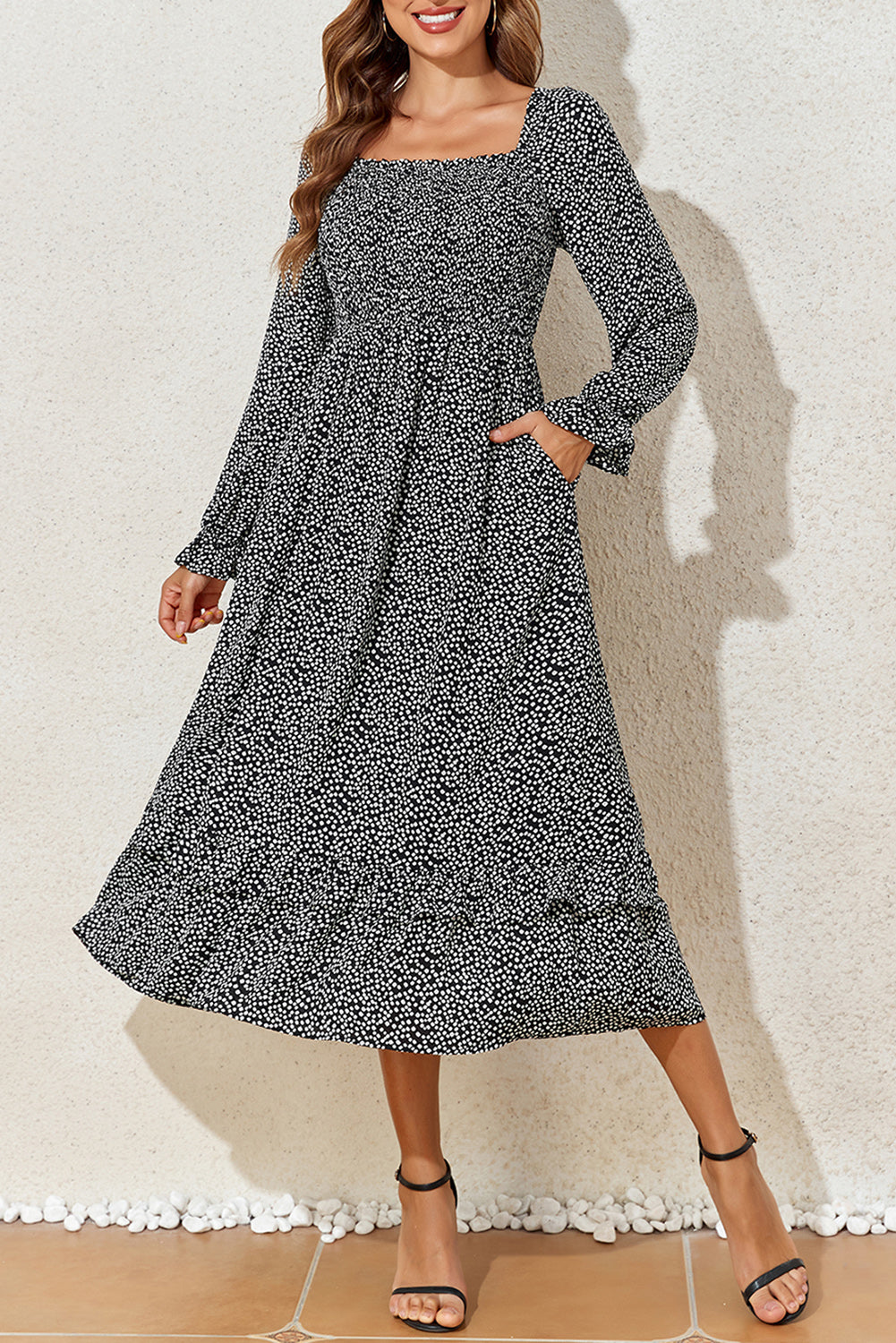 Printed Square Neck Long Sleeve Midi Dress