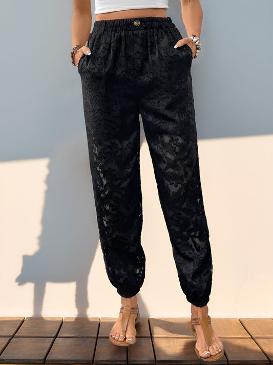 Perfee Pocketed Lace Elastic Waist Pants