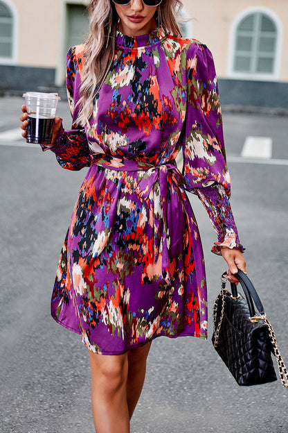 Devine Printed Tie Waist Mock Neck Lantern Sleeve Dress