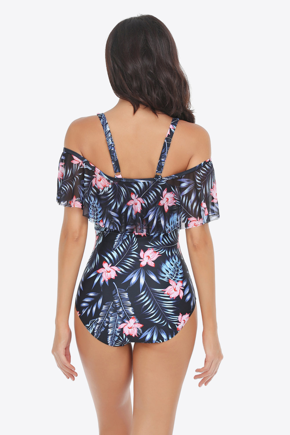 Botanical Print Cold-Shoulder Layered One-Piece Swimsuit