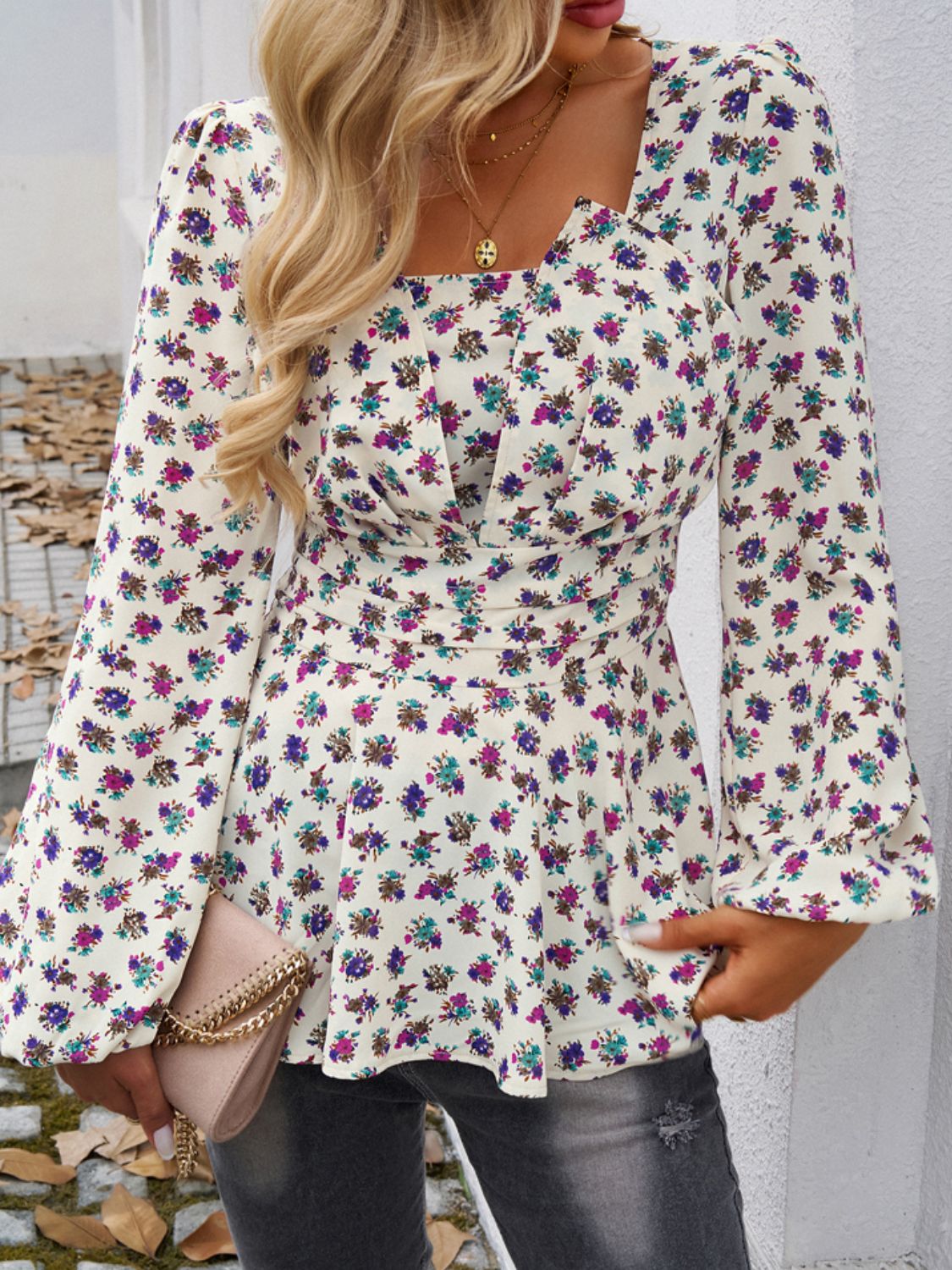 Devine Peplum Printed Long Sleeve Blouse