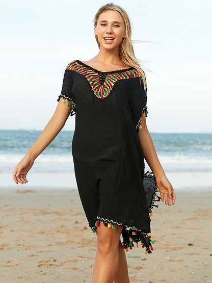 Tassel V-Neck Short Sleeve Cover Up