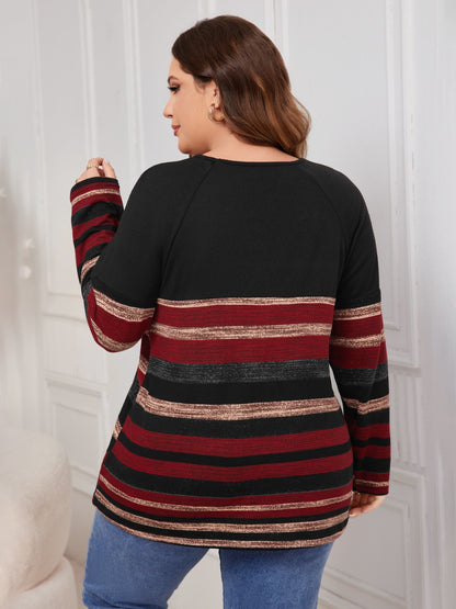 Honey Plus Size Decorative Button Striped Round Neck Long Sleeve T-Shirt