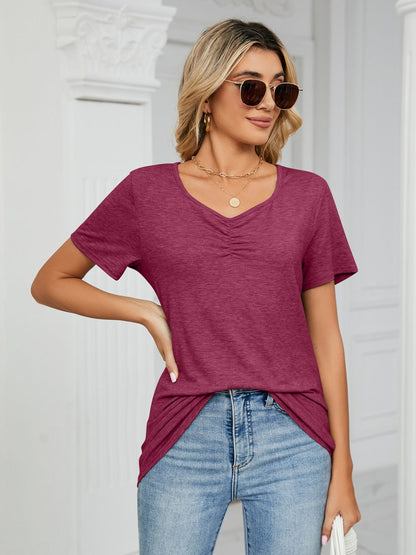 Ruched V-Neck Short Sleeve T-Shirt