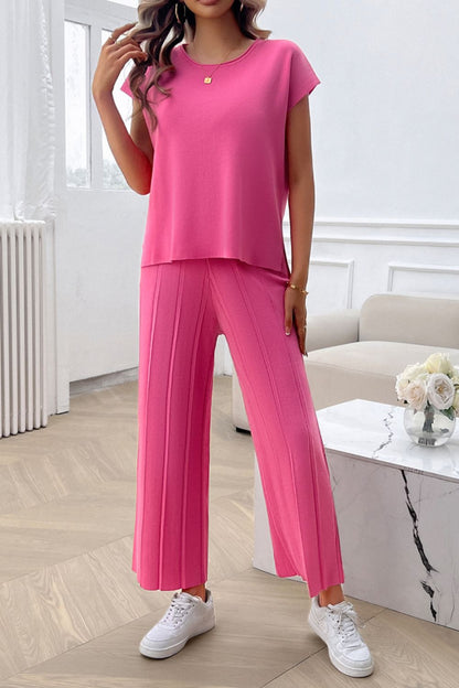 Devine Round Neck Short Sleeve Top and Pants Set