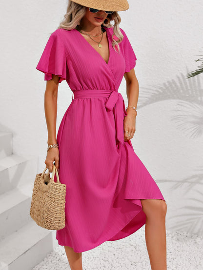 Honey Surplice Neck Tie Belt Midi Dress