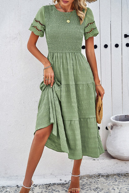 Devine Smocked Round Neck Short Sleeve Midi Dress