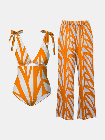 FAM-FAM Printed Tie Shoulder Swimwear and Pants Swim Set