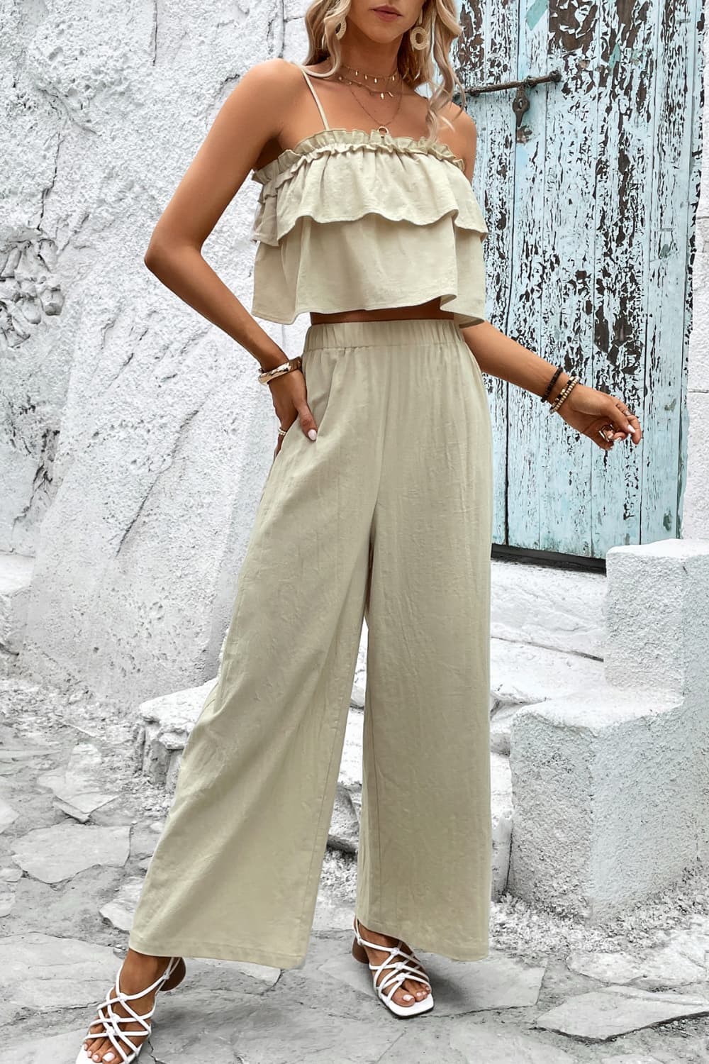 Honey Frill Trim Cami and Wide Leg Pants Set