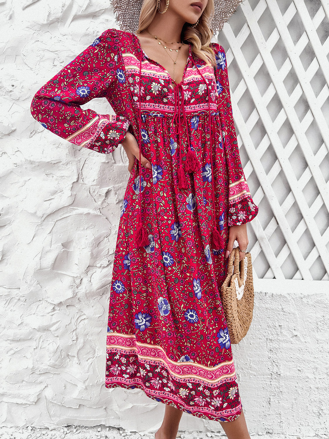 Devine Tassel Tied Printed Long Sleeve Dress