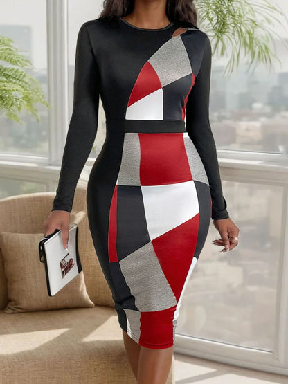 Perfee Cutout Color Block Round Neck Long Sleeve Dress