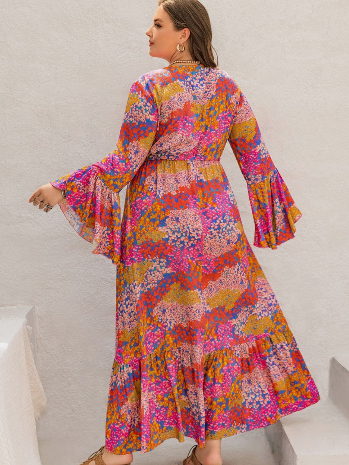 Plus Size Printed V-Neck Long Sleeve Maxi Dress