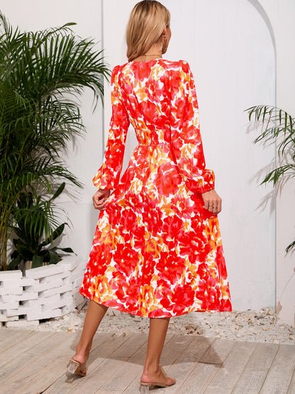 Printed Surplice Long Sleeve Midi Dress