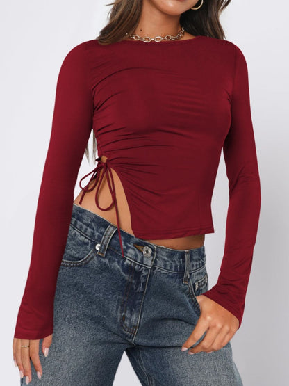 Tied Slit Round Neck Long Sleeve T-Shirt