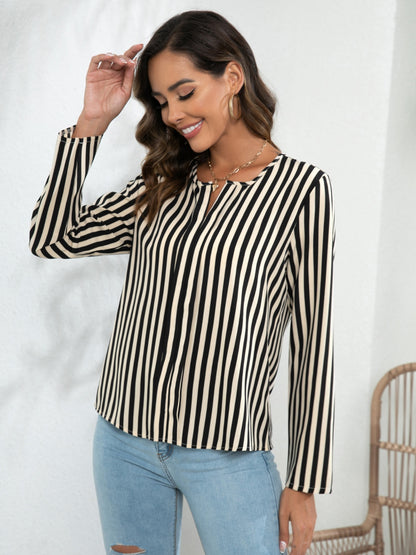 Striped Long Sleeve Notched Blouse