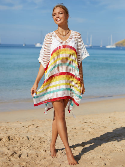 Angel Wings Cutout Striped Cover-Up with Tassel