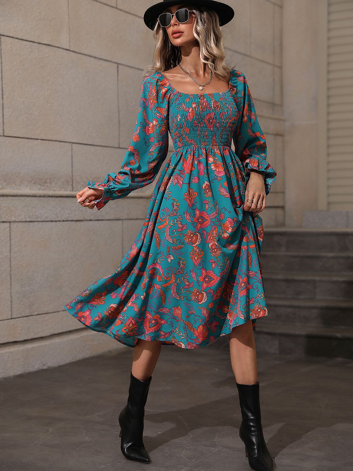 Honey Printed Square Neck Flounce Sleeve Dress