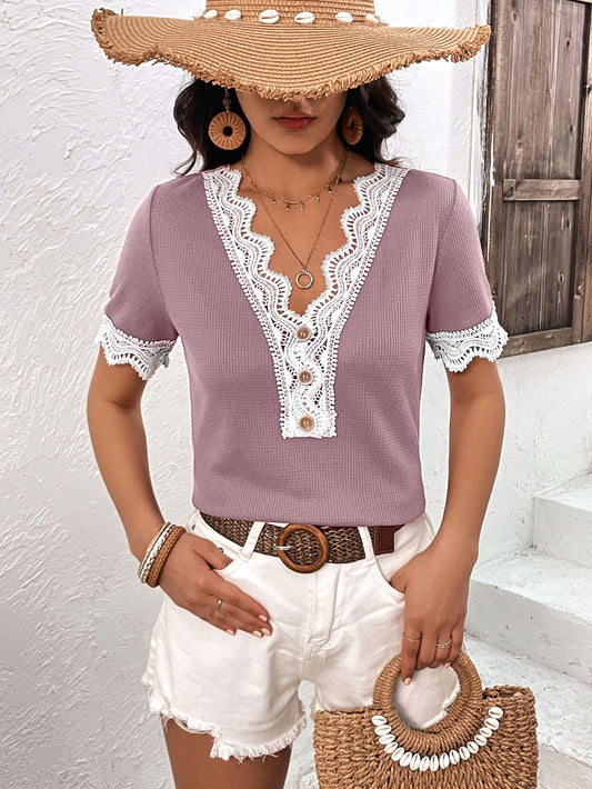 Ivy Lane Decorative Button Spliced Lace Short Sleeve Top