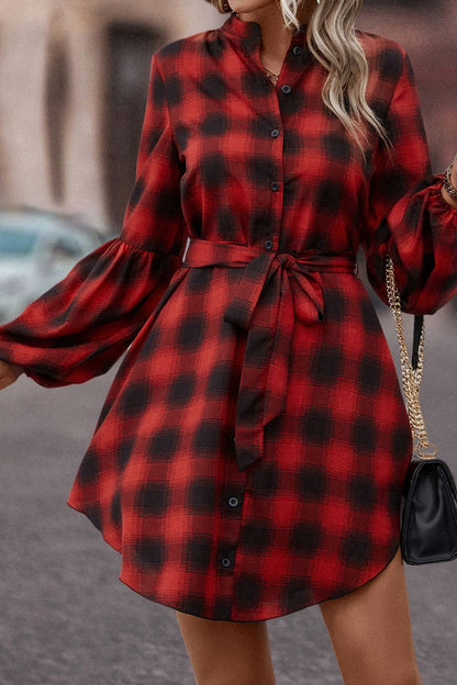 Honey Plaid Tie Waist Balloon Sleeve Mini Dress