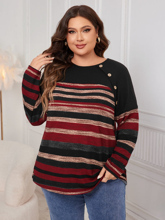 Honey Plus Size Decorative Button Striped Round Neck Long Sleeve T-Shirt