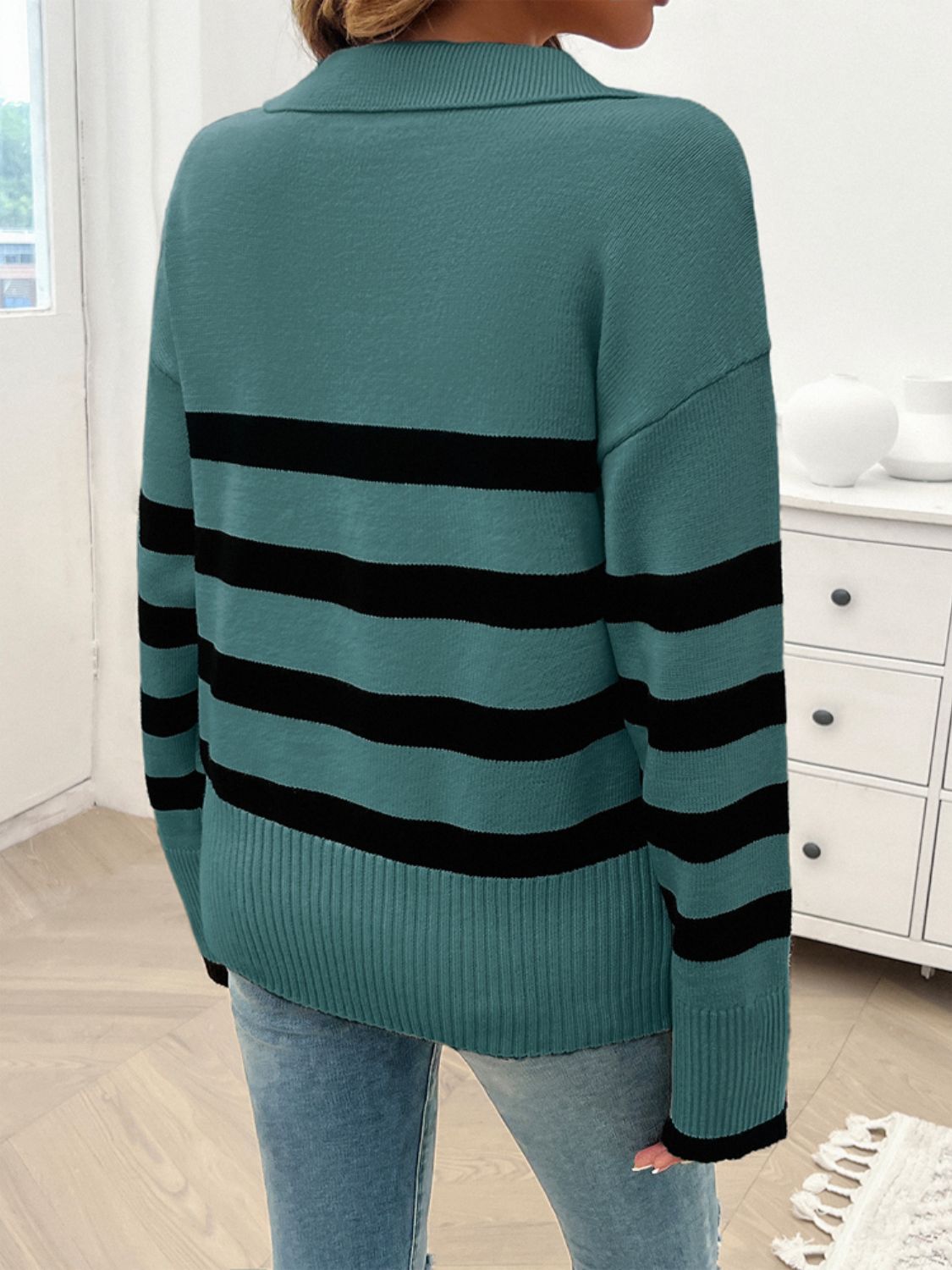 Devine Striped Collared Neck Long Sleeve Sweater