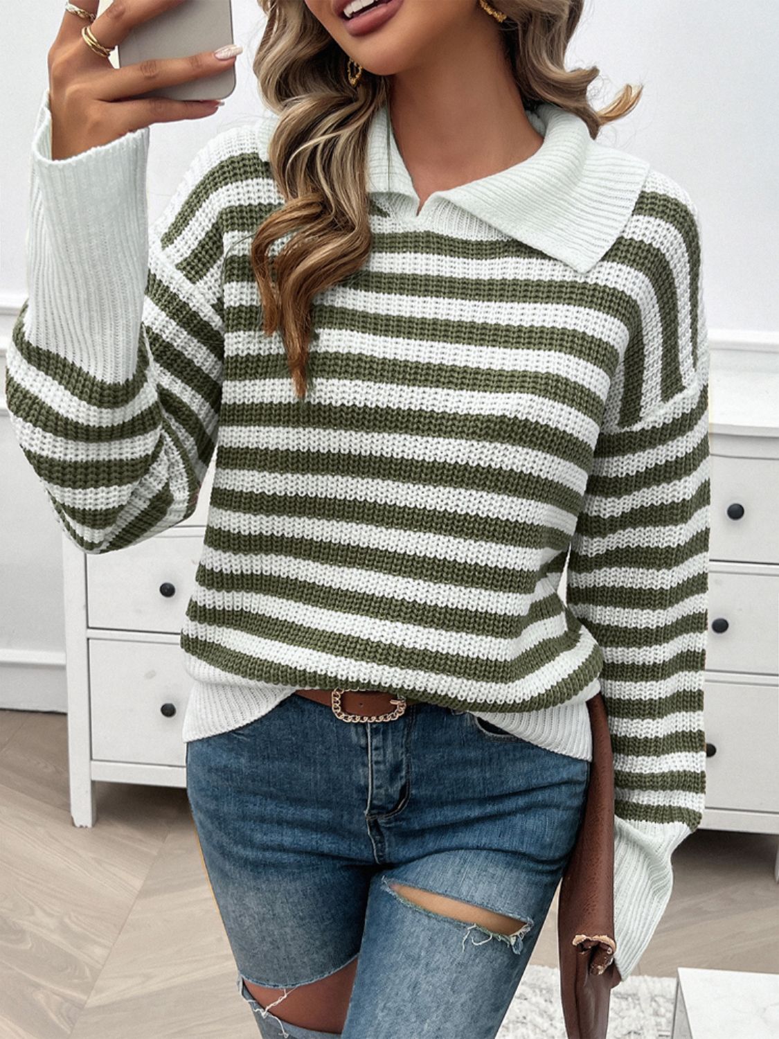 Devine Striped Collared Neck Long Sleeve Sweater