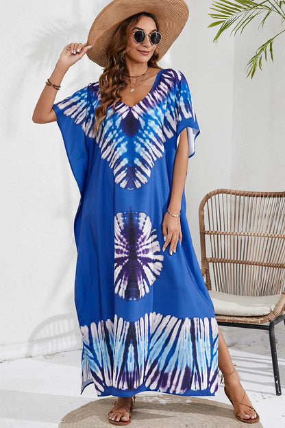 Slit Printed V-Neck Short Sleeve Cover Up