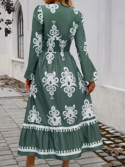 Devine Ruffled Printed Plunge Long Sleeve Dress