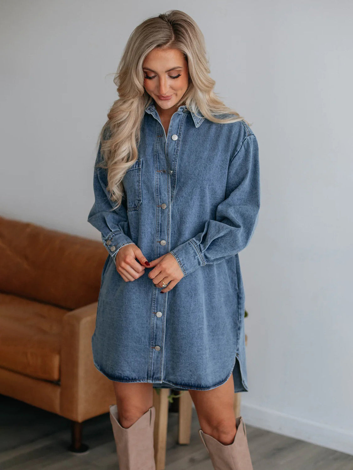 Button Up Collared Neck Long Sleeve Denim Dress