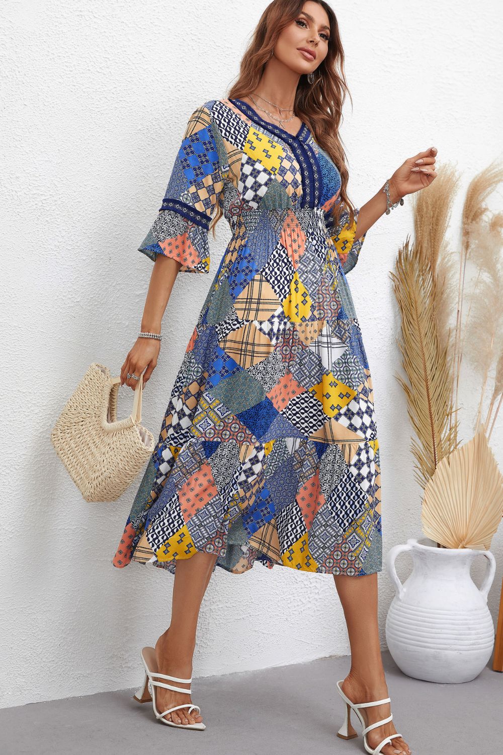 Honey Patchwork V-Neck Tiered Midi Dress