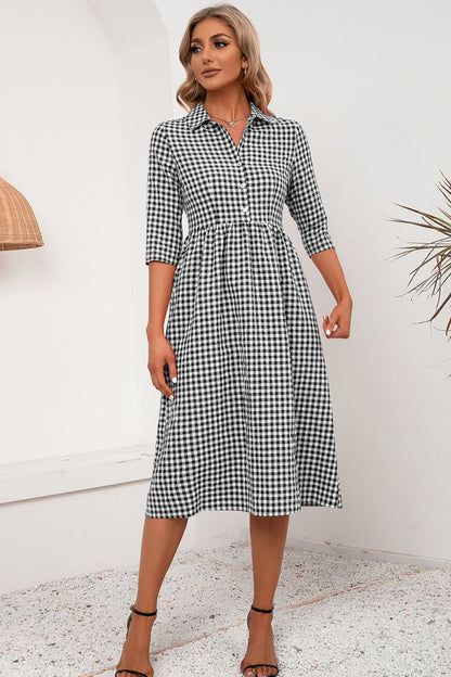 Ivy Lane Plaid Collared Neck Midi Dress