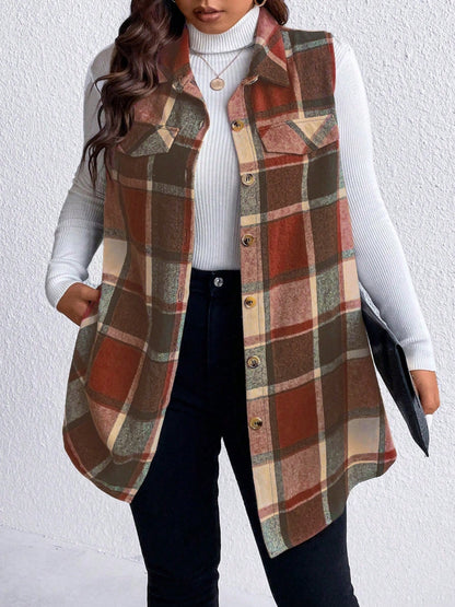 Honey Plus Size Pocketed Plaid Button Up Vest Coat