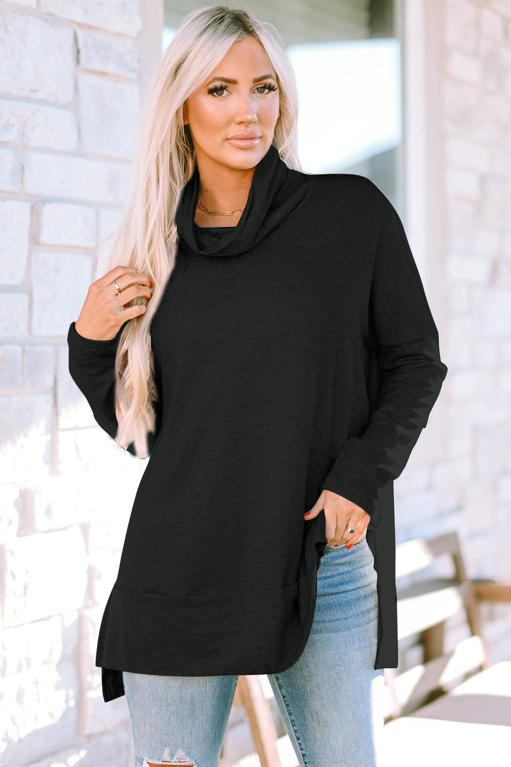 Cowl Neck Long Sleeve Slit Blouse