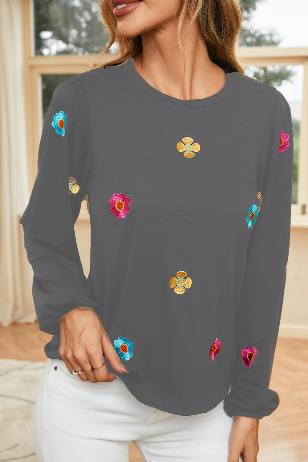 Flower Round Neck Balloon Sleeve Blouse