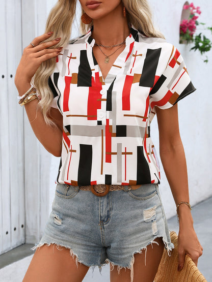 Honey Printed Notched Short Sleeve Blouse