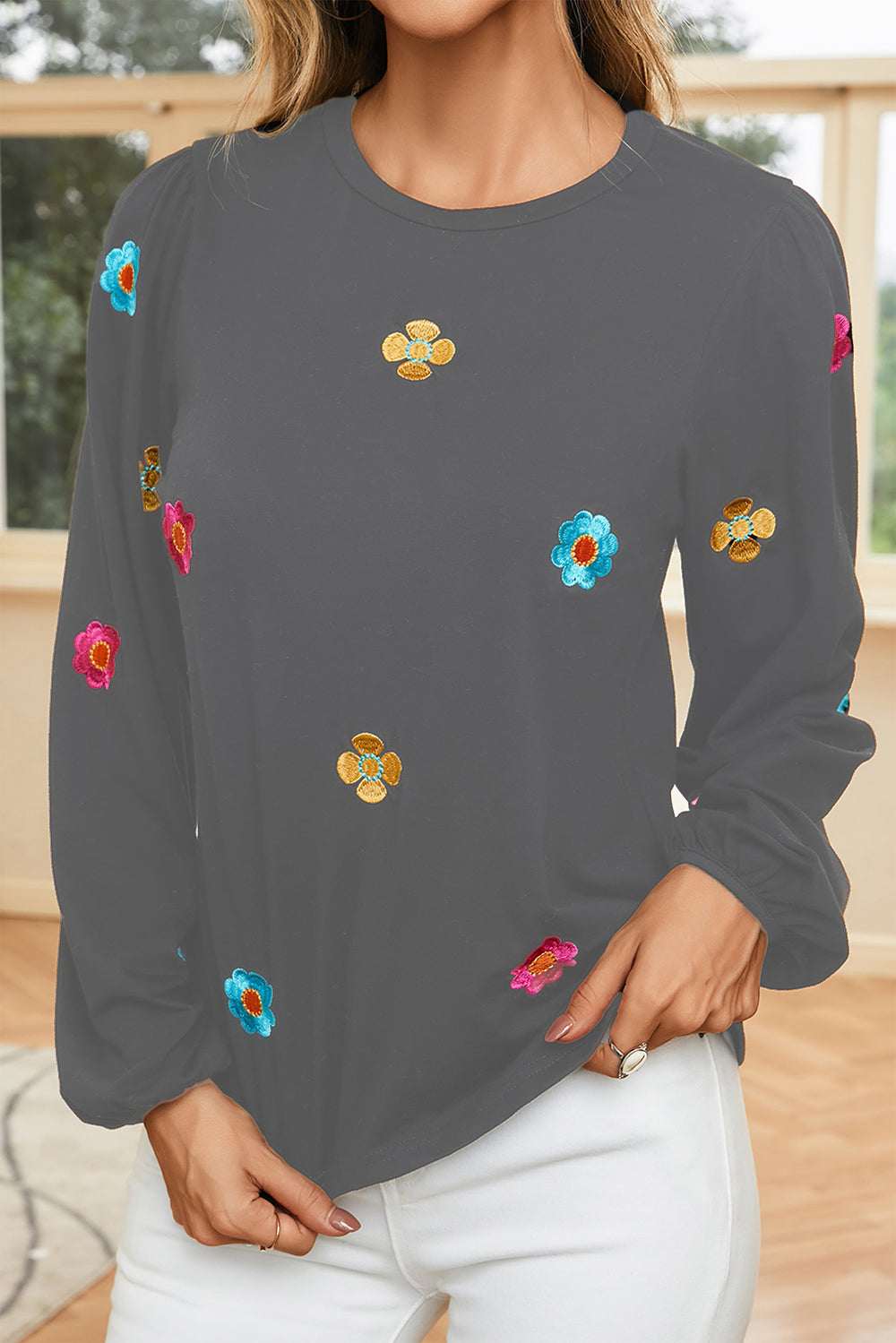 Flower Round Neck Balloon Sleeve Blouse