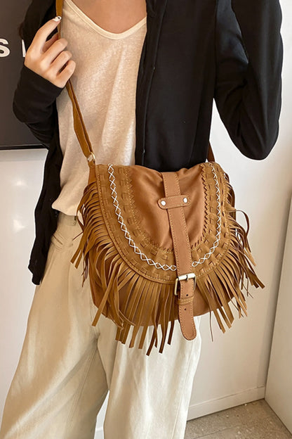 Suede Fringe Wide Strap Shoulder Bag