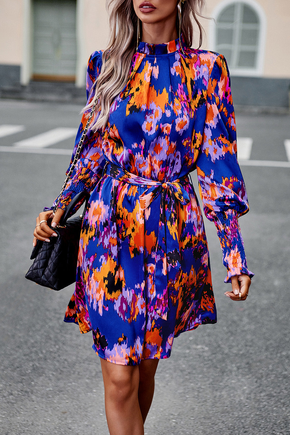 Devine Printed Tie Waist Mock Neck Lantern Sleeve Dress