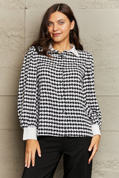 Honey Printed Collared Neck Lantern Sleeve Shirt