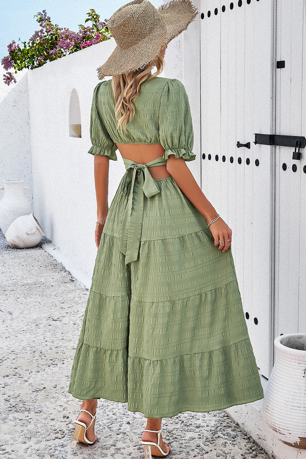 Devine Tie Back Short Sleeve Tiered Dress