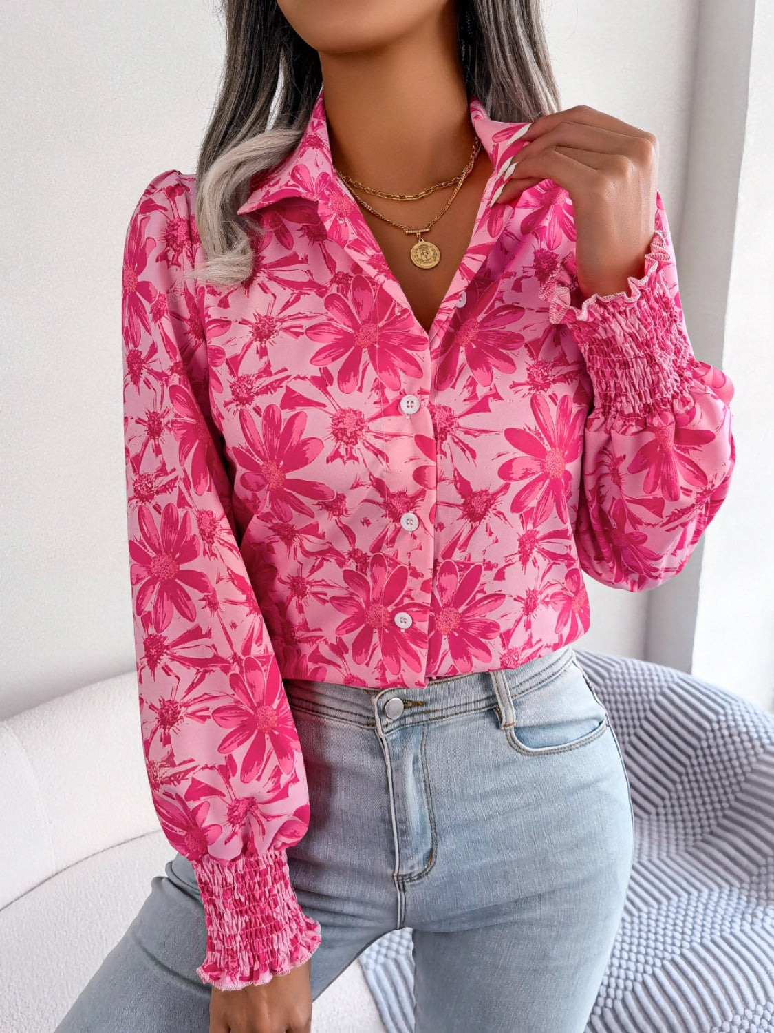 Floral Collared Neck Long Sleeve Shirt