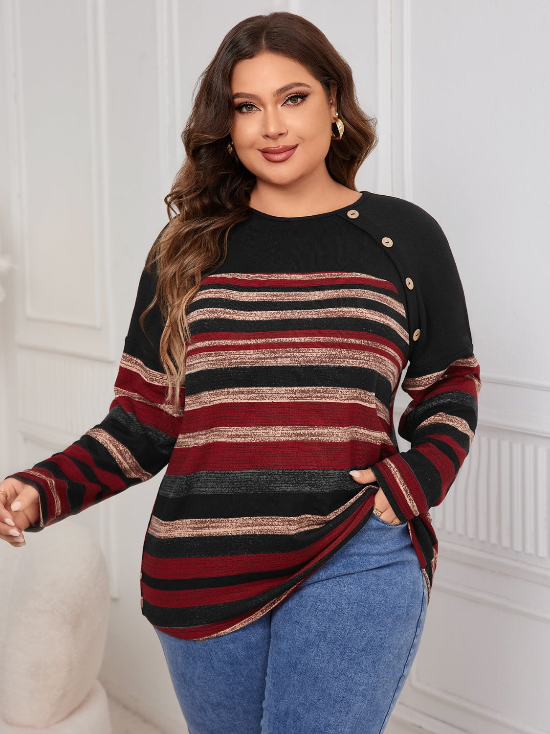 Honey Plus Size Decorative Button Striped Round Neck Long Sleeve T-Shirt