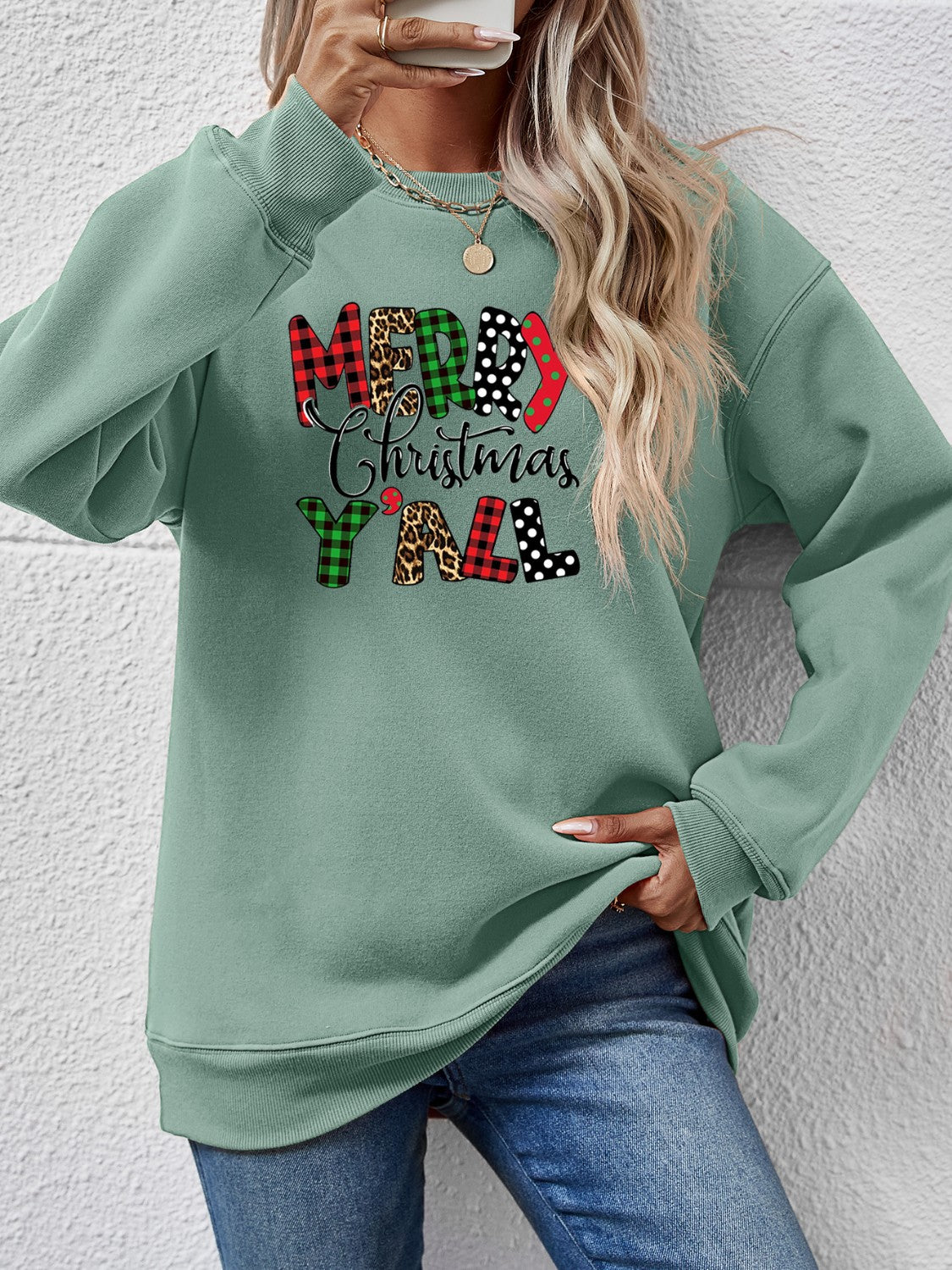 Letter Graphic Round Neck Long Sleeve Sweatshirt