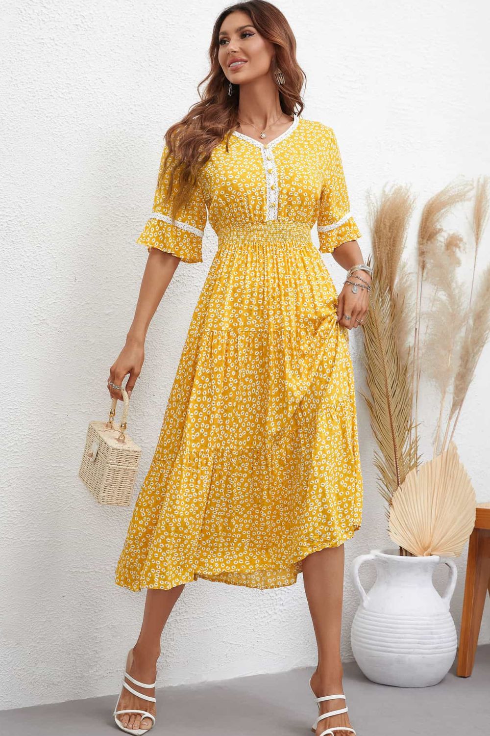 Honey Floral V-Neck Smocked Waist Midi Dress